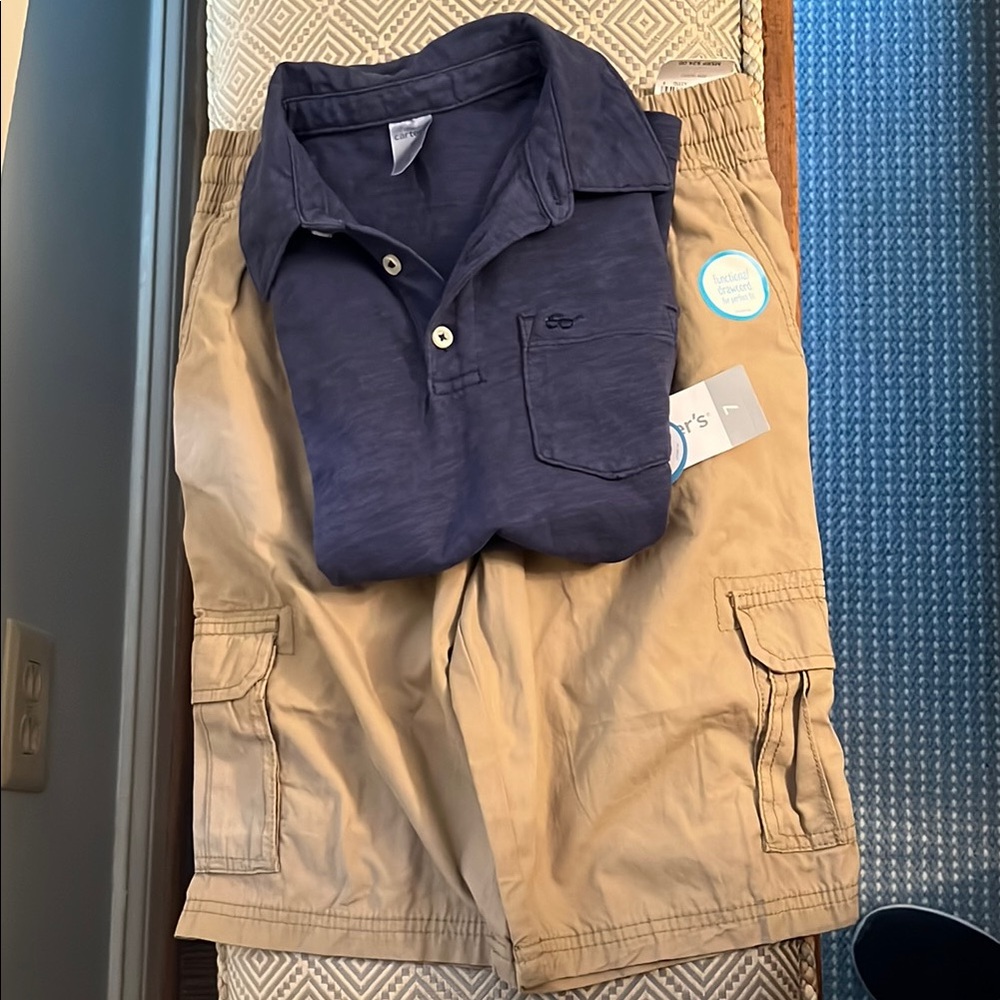 Boys Tan Cargo Shorts and Navy polo 8 size 7 Carter NWT BACK TO SCHOOL
